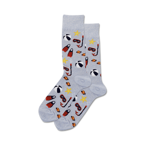 Pair of grey crew socks with a fun summer design.  The pattern includes beach balls, red flippers, snorkeling masks, and yellow starfish.