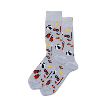  gray snorkel socks with red/orange fish, yellow/red beach balls, black/gray snorkels, blue flippers. crew length, for men.