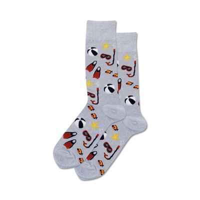  gray snorkel socks with red/orange fish, yellow/red beach balls, black/gray snorkels, blue flippers. crew length, for men.