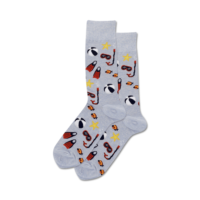  gray snorkel socks with red/orange fish, yellow/red beach balls, black/gray snorkels, blue flippers. crew length, for men. }}