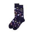 Snorkel navy blue socks featuring a playful pattern of diving masks, flippers, beach balls, starfish, and colorful fish.