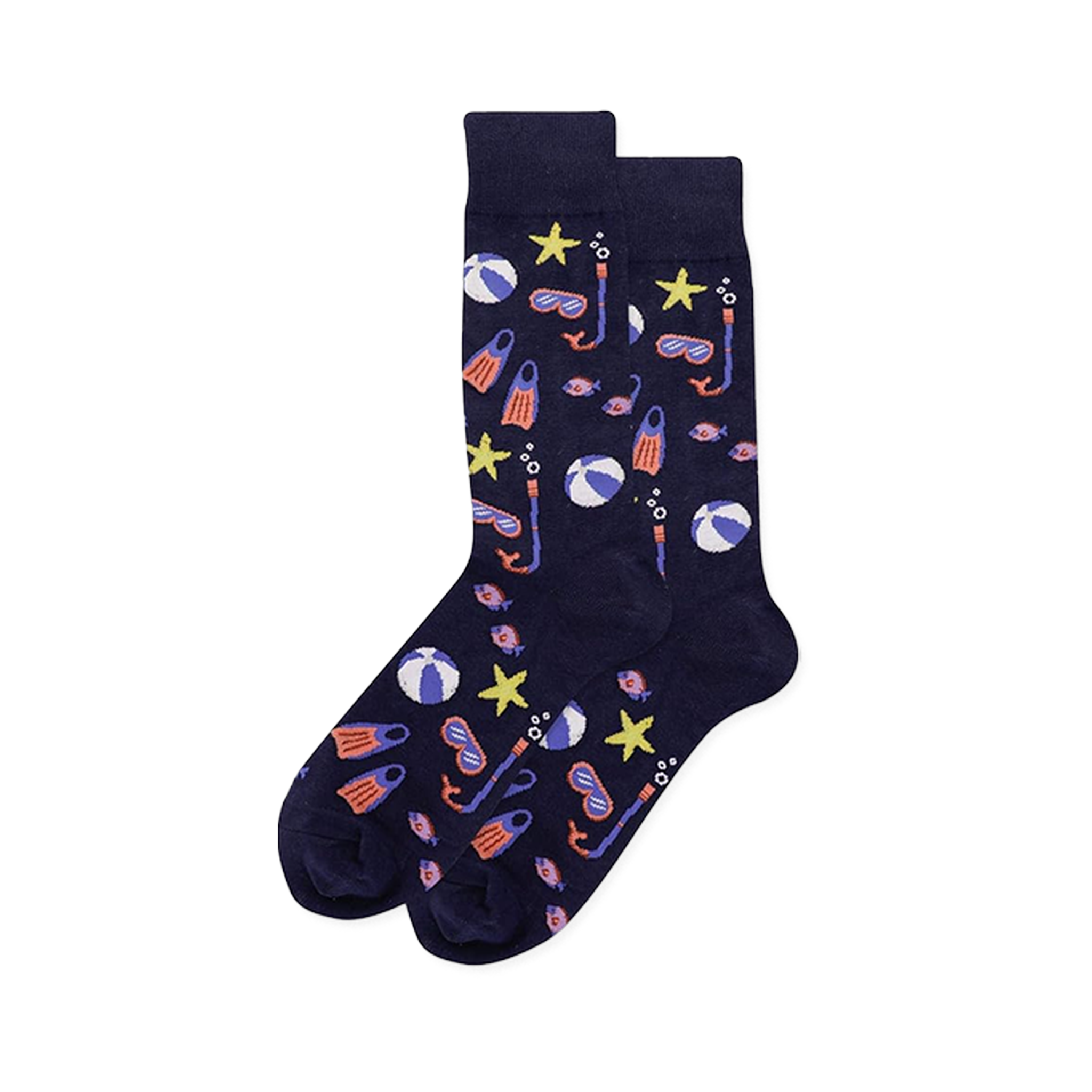 Snorkel navy blue socks featuring a playful pattern of diving masks, flippers, beach balls, starfish, and colorful fish.