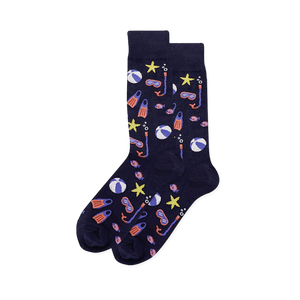 Snorkel navy blue socks featuring a playful pattern of diving masks, flippers, beach balls, starfish, and colorful fish.