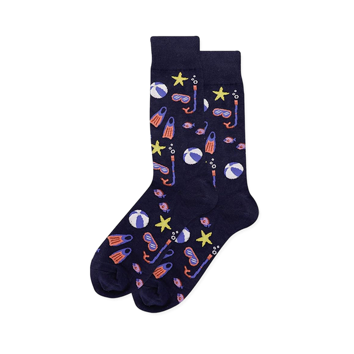 Snorkel navy blue socks featuring a playful pattern of diving masks, flippers, beach balls, starfish, and colorful fish.