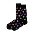 Pair of black crew socks with a repeating pattern of multicolored Yin Yang symbols.