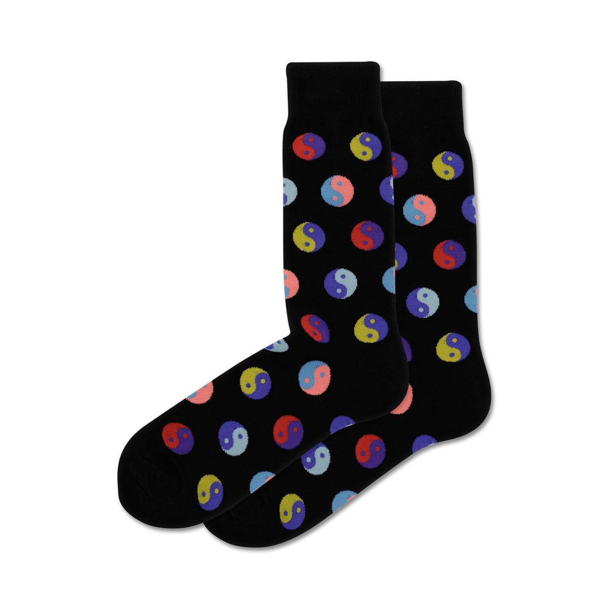 Pair of black crew socks with a repeating pattern of multicolored Yin Yang symbols.