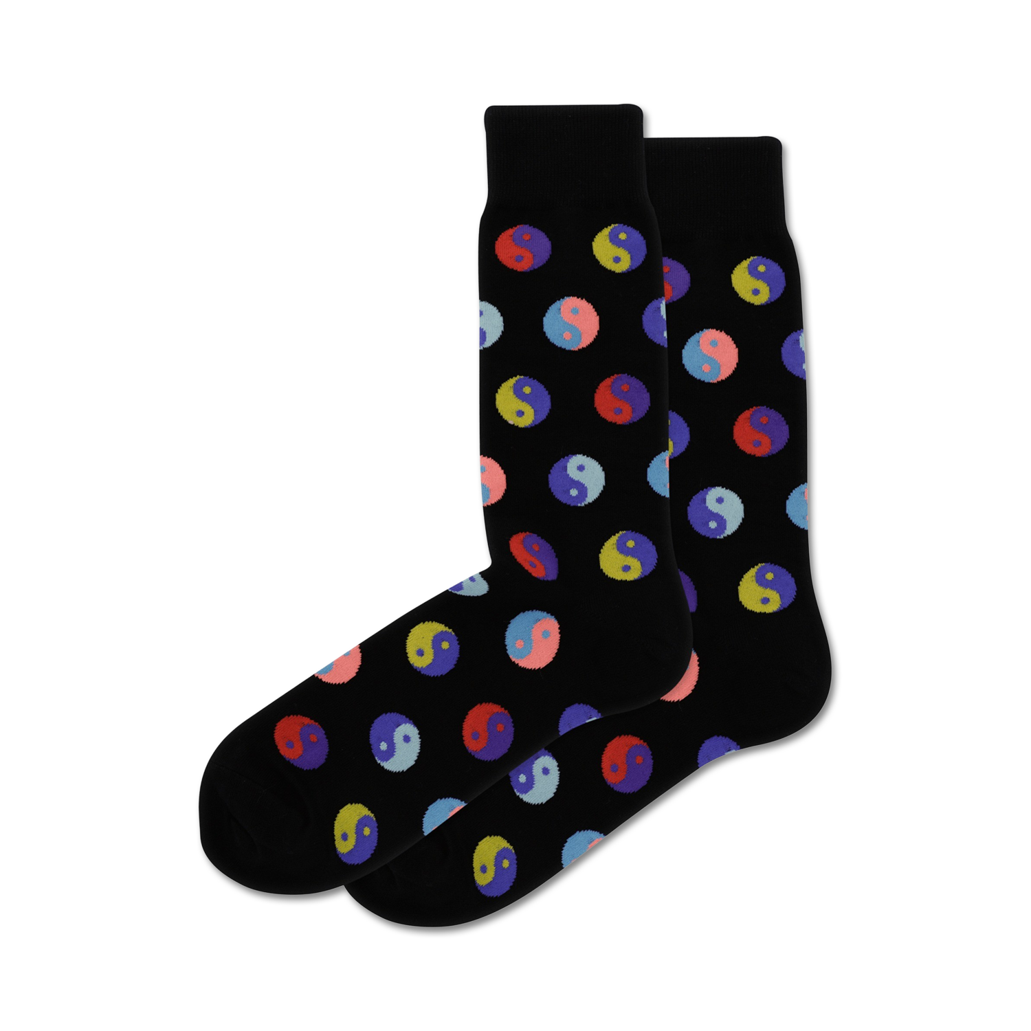 Pair of black crew socks with a repeating pattern of multicolored Yin Yang symbols.