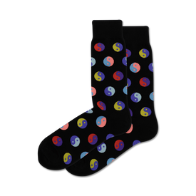 black crew socks with yin-yang symbol pattern and colored border in blue, green, pink, or orange.     