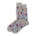 Yin Yang socks: Grey crew socks with a vibrant pattern of colorful Yin Yang symbols in red, blue, yellow, purple, and pink.