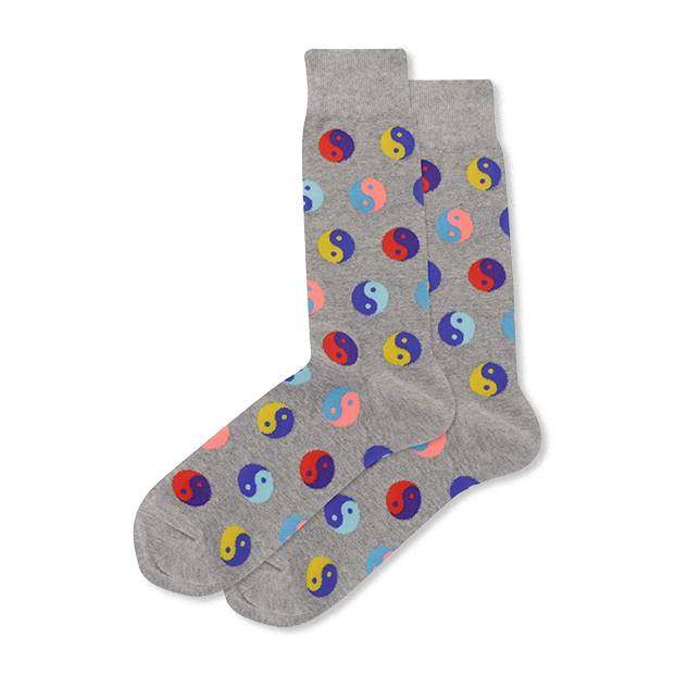 Yin Yang socks: Grey crew socks with a vibrant pattern of colorful Yin Yang symbols in red, blue, yellow, purple, and pink.