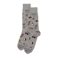 A pair of grey crew socks covered in small, colorful pixelated stickers including "SWIPE UP", sunglasses, and pizza slices.