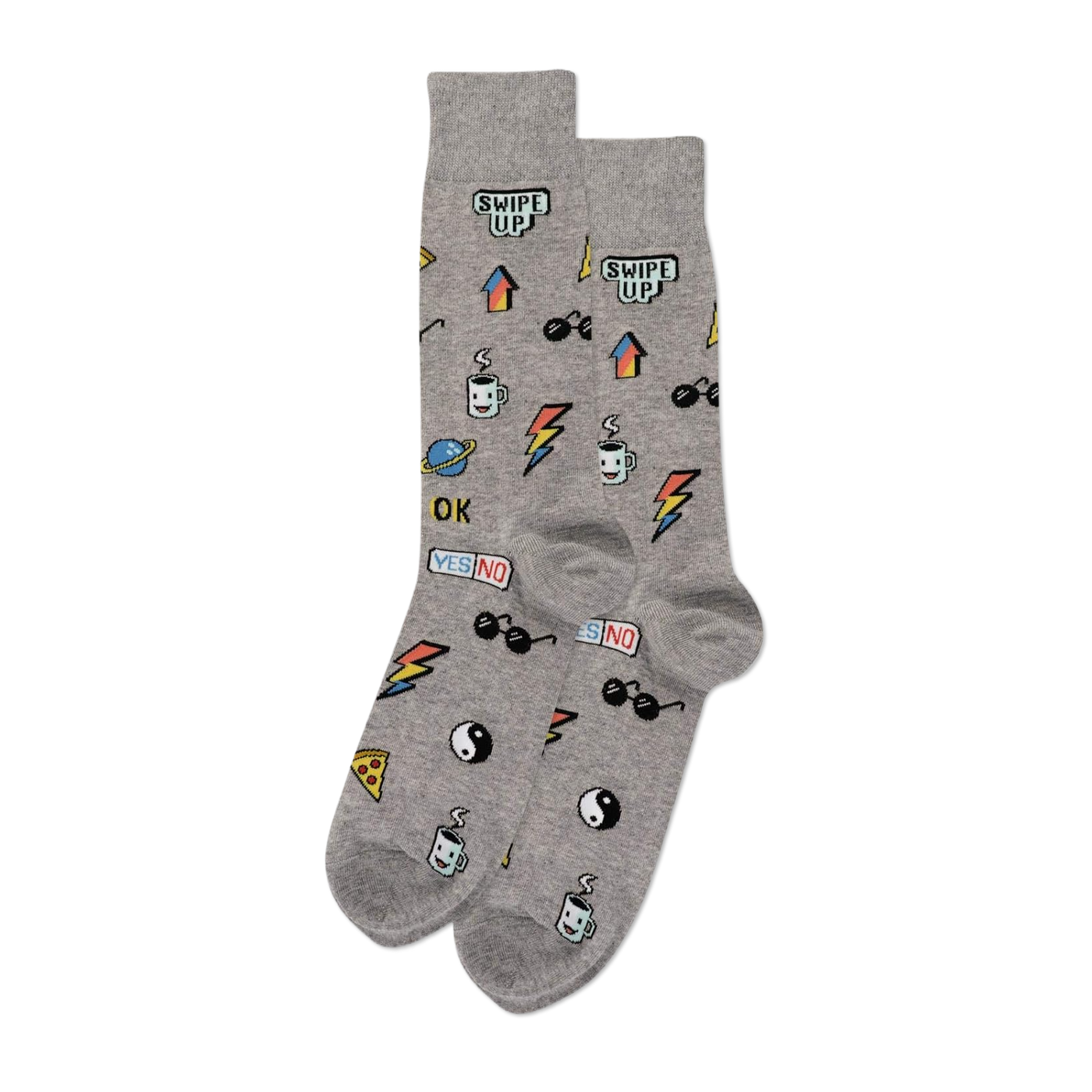 A pair of grey crew socks covered in small, colorful pixelated stickers including "SWIPE UP", sunglasses, and pizza slices.