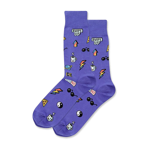 A pair of purple crew socks covered in small, colorful pixelated stickers including "SWIPE UP", sunglasses, and pizza slices.
