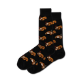 Pair of black crew socks with a repeating pattern of brown sloths holding pizza slices and small red hearts. 