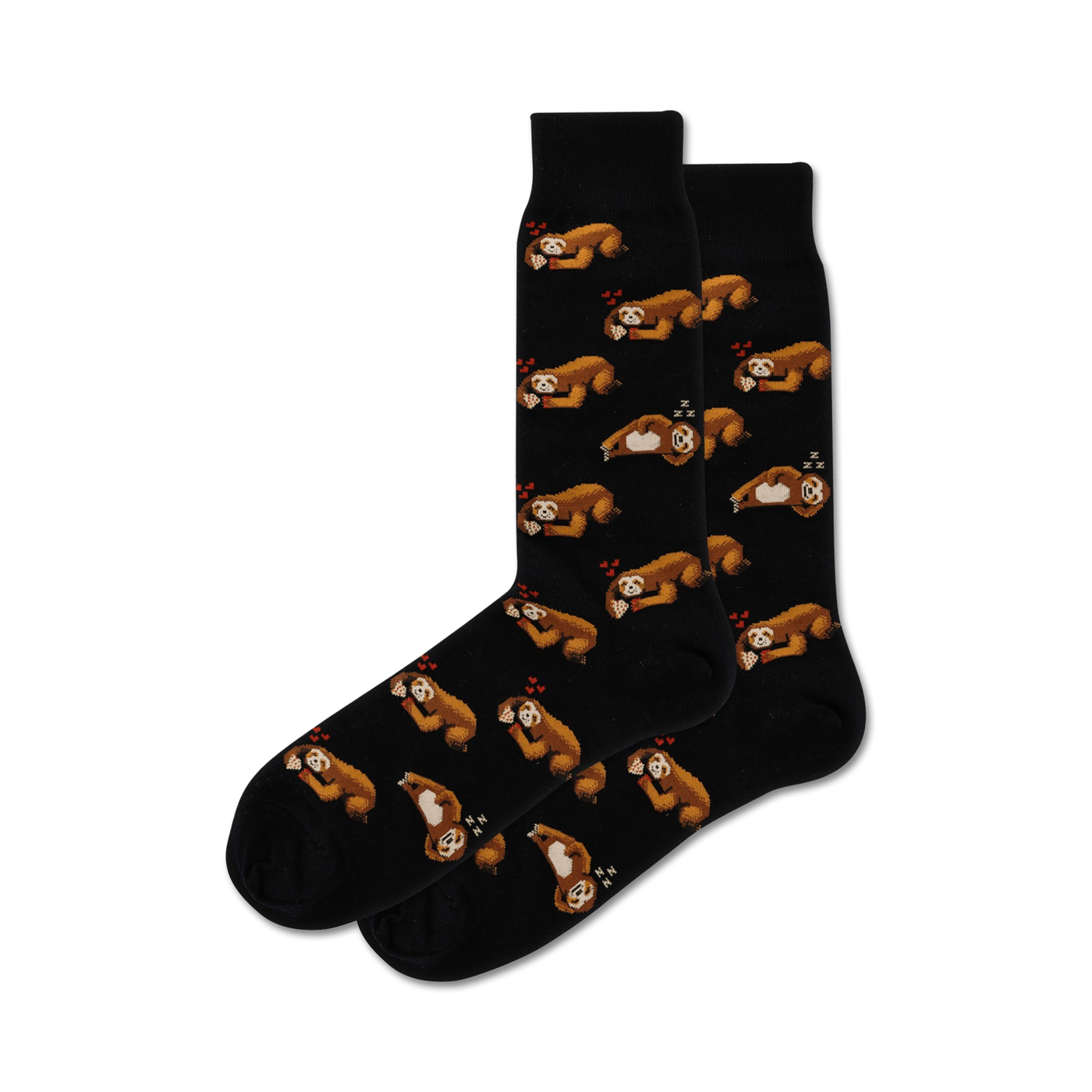 Pair of black crew socks with a repeating pattern of brown sloths holding pizza slices and small red hearts. 
