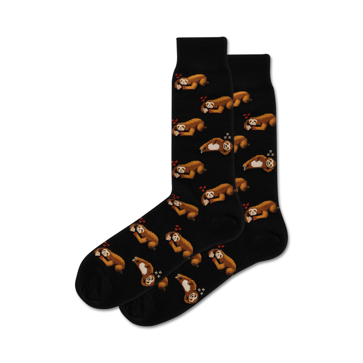 Pair of black crew socks with a repeating pattern of brown sloths holding pizza slices and small red hearts. 