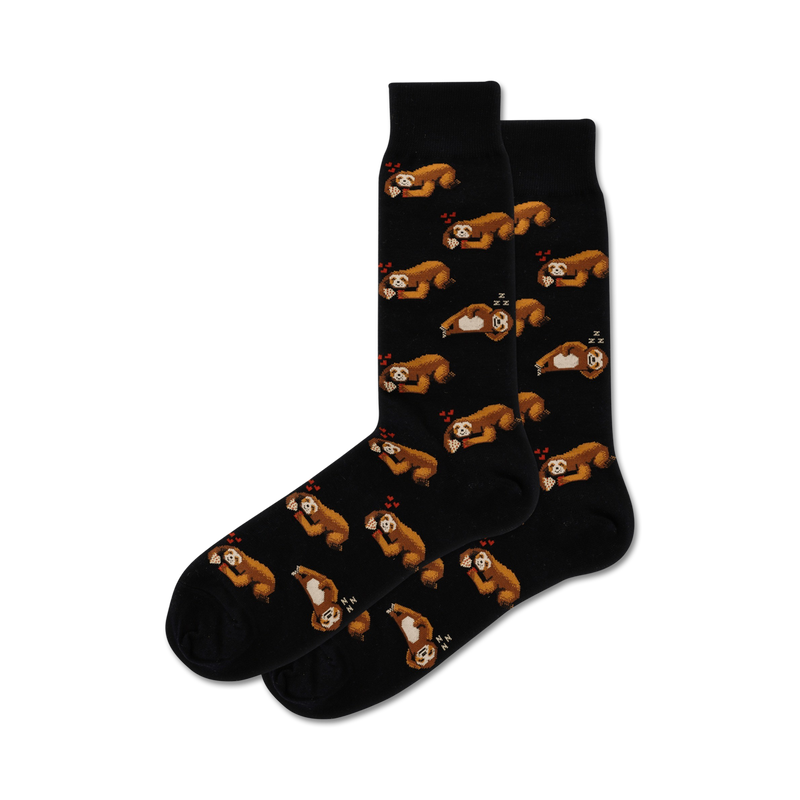 Pair of black crew socks with a repeating pattern of brown sloths holding pizza slices and small red hearts. 