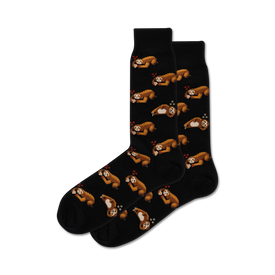 mens crew socks with a black background and pattern of sloths holding heart-shaped pizzas in their arms; featuring brown sloths with cream-colored faces and black claws.  