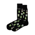 Pair of black crew socks with a whimsical design of green gummy bears, vape pens, and cannabis-related imagery. Fun and quirky.
