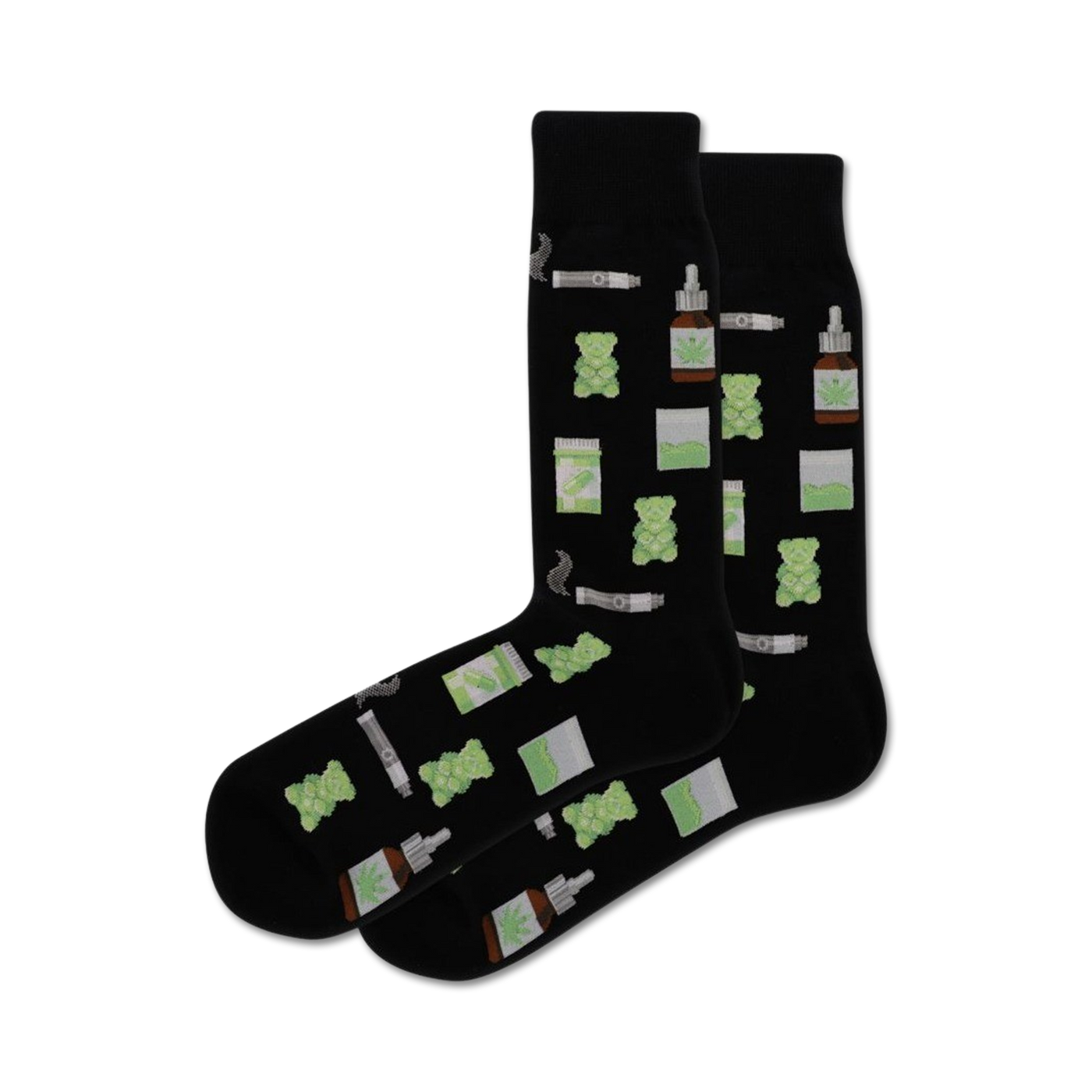 Pair of black crew socks with a whimsical design of green gummy bears, vape pens, and cannabis-related imagery. Fun and quirky.