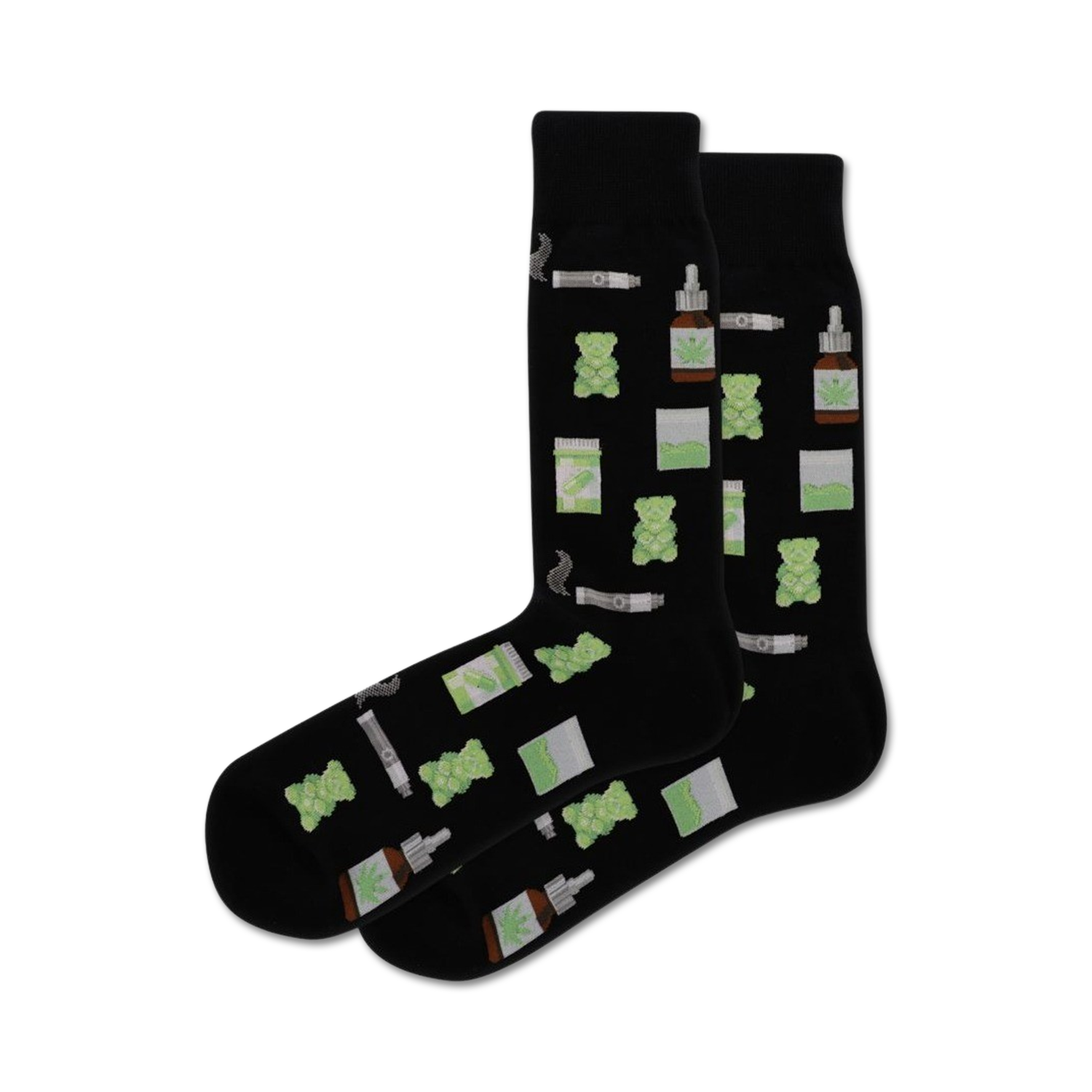 Pair of black crew socks with a whimsical design of green gummy bears, vape pens, and cannabis-related imagery. Fun and quirky.