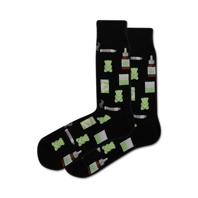 men's crew socks in black with green marijuana leaves, white/green pills, and grey/brown lighters. hemp, cannabis.  