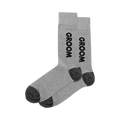 Pair of men's gray crew socks with dark gray heel and toe. The word "GROOM" is vertically printed on the side in black.