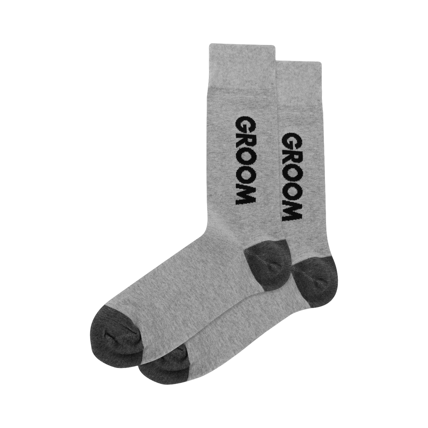 Pair of men's gray crew socks with dark gray heel and toe. The word "GROOM" is vertically printed on the side in black.