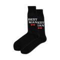 Pair of black crew socks with the text 'BEST MANESTIAN' in white and small red bow tie images.