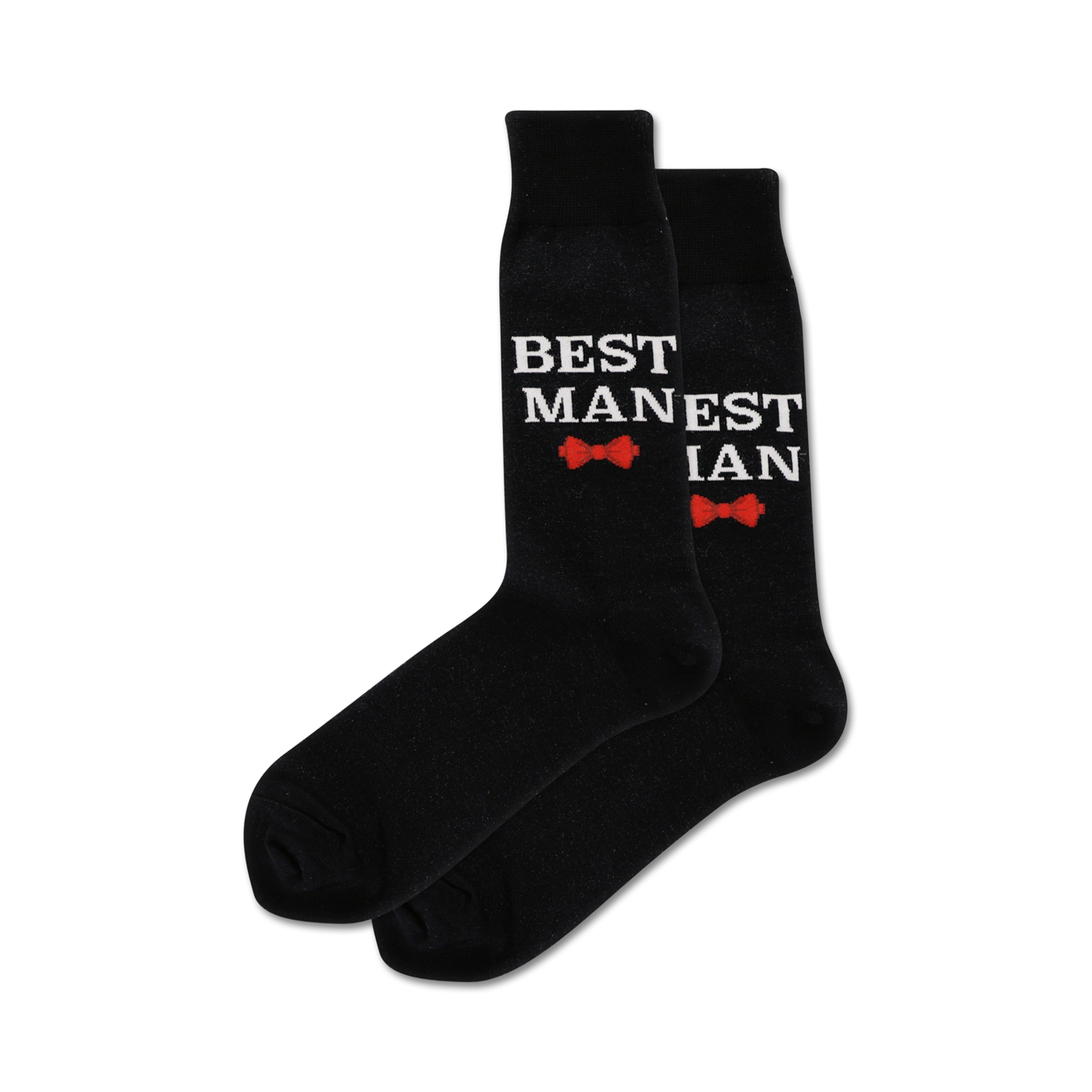Pair of black crew socks with the text 'BEST MANESTIAN' in white and small red bow tie images.