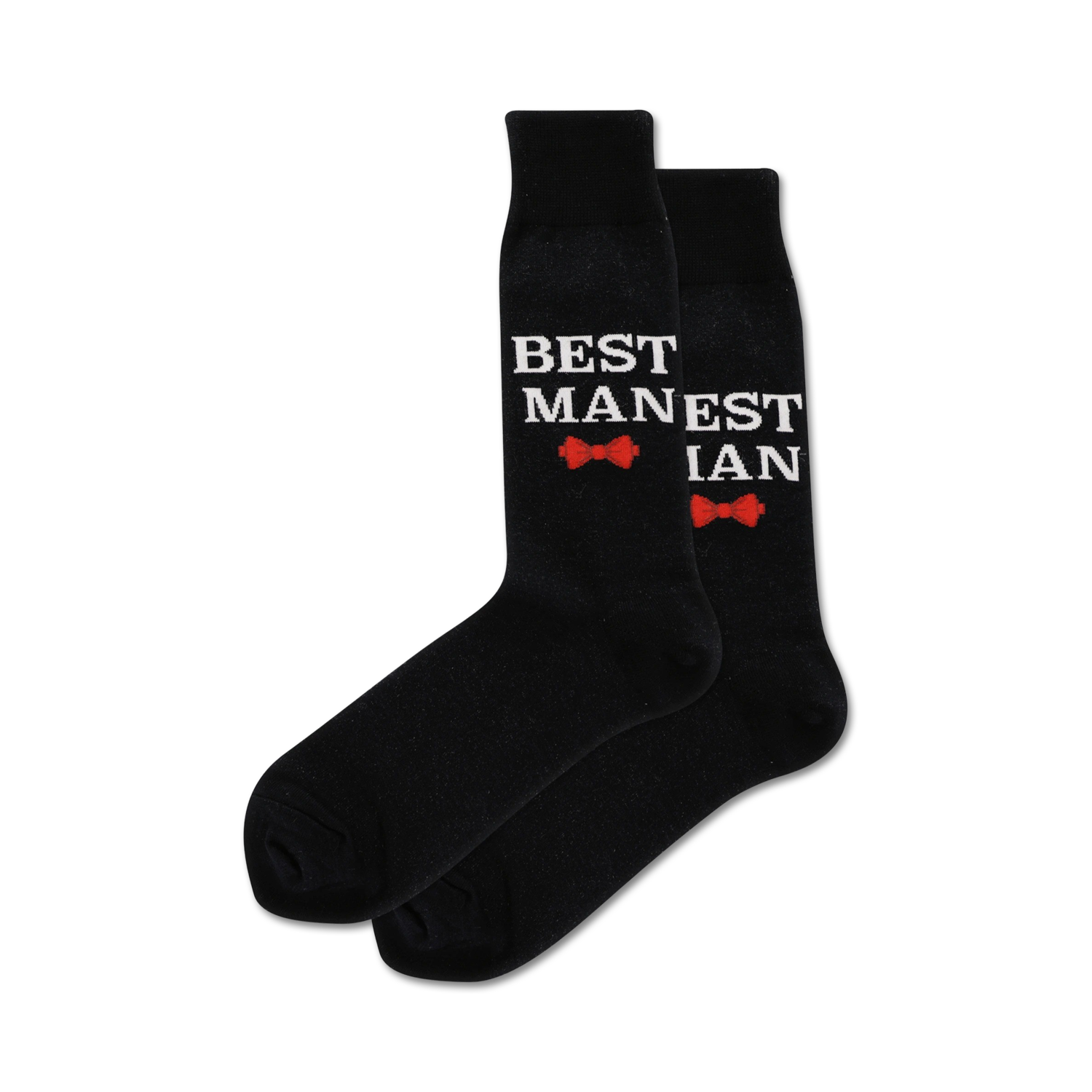 Pair of black crew socks with the text 'BEST MANESTIAN' in white and small red bow tie images.