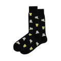 A pair of black crew socks with a scattered pattern of shot glasses, some filled with yellow liquid, others tilted and pouring.