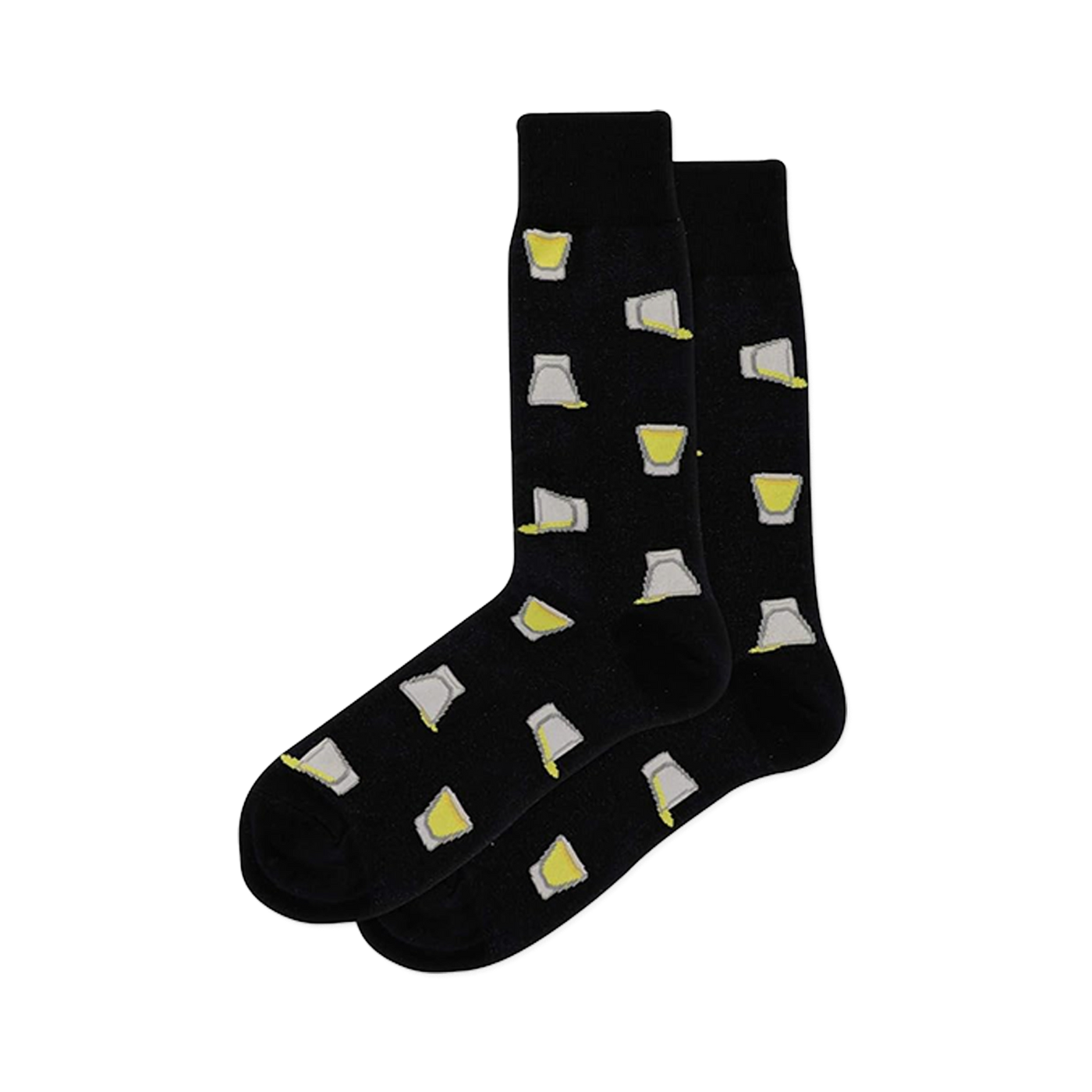 A pair of black crew socks with a scattered pattern of shot glasses, some filled with yellow liquid, others tilted and pouring.