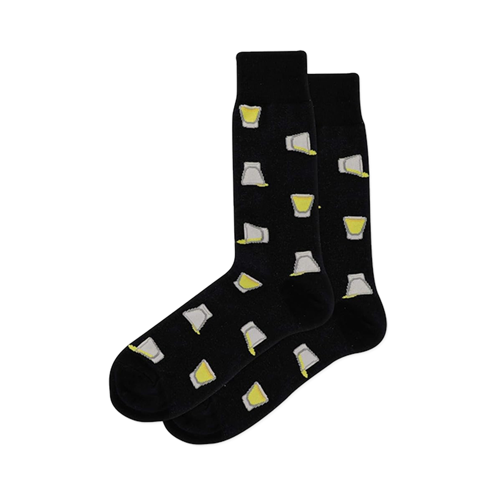 A pair of black crew socks with a scattered pattern of shot glasses, some filled with yellow liquid, others tilted and pouring.