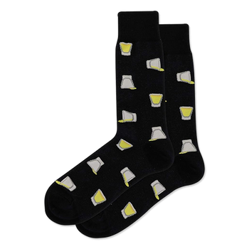 A pair of black crew socks with a scattered pattern of shot glasses, some filled with yellow liquid, others tilted and pouring.