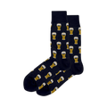 Pair of navy blue crew socks with a repeating pattern of gold beer glasses wearing bow ties.