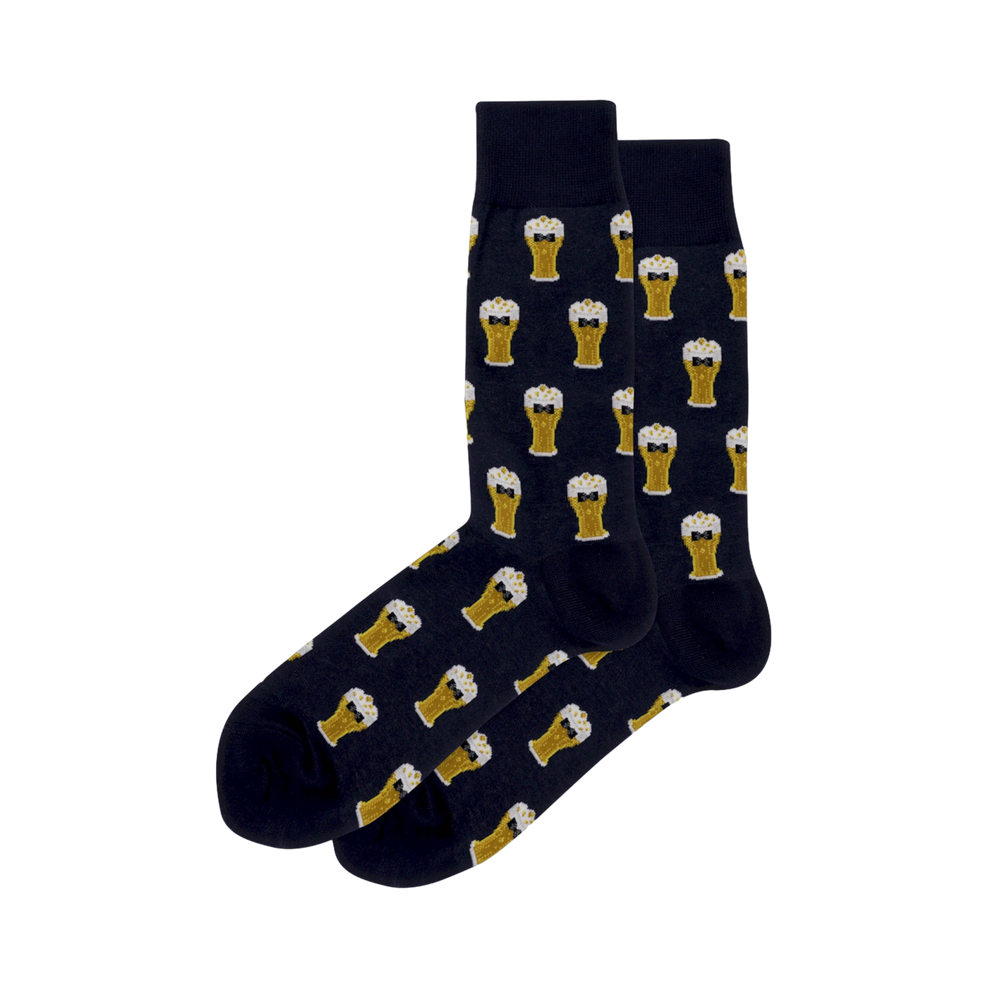 Pair of navy blue crew socks with a repeating pattern of gold beer glasses wearing bow ties.