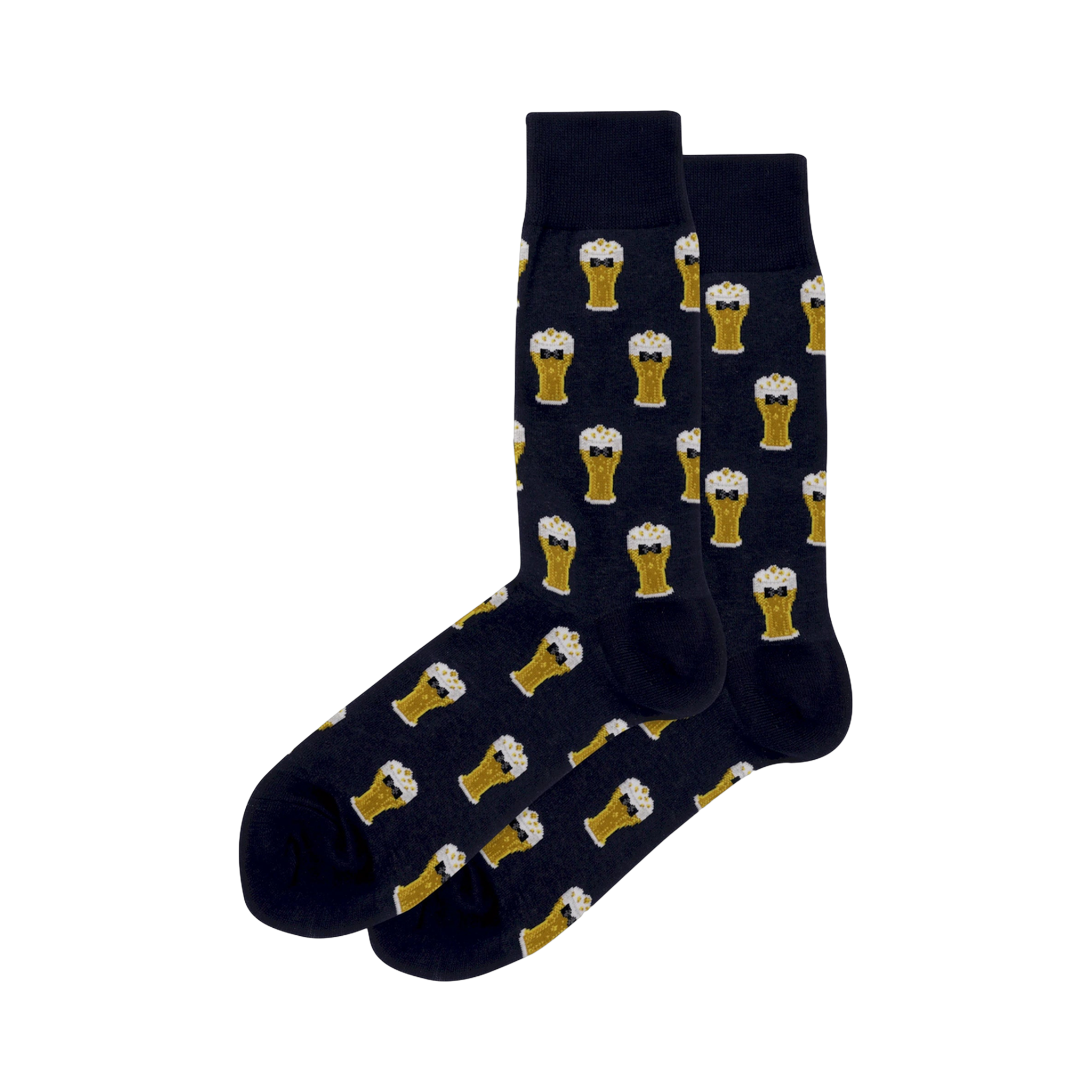 Pair of navy blue crew socks with a repeating pattern of gold beer glasses wearing bow ties.