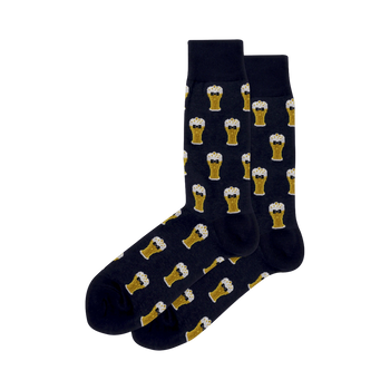 Pair of navy blue crew socks with a repeating pattern of gold beer glasses wearing bow ties.