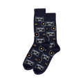 Pair of crew socks in navy blue.  The socks have an all-over print of retro boomboxes and vinyl records in muted colors.