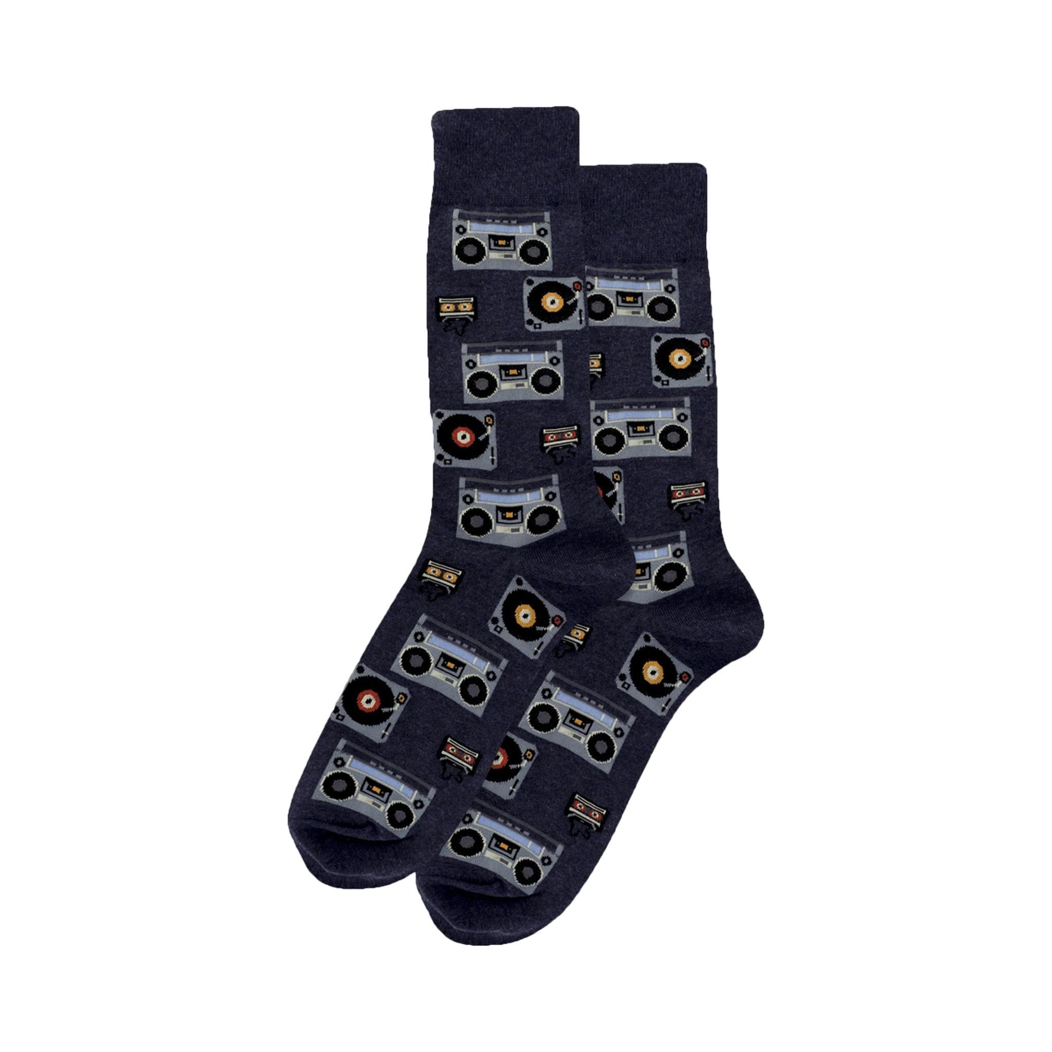Pair of crew socks in navy blue.  The socks have an all-over print of retro boomboxes and vinyl records in muted colors.