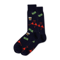 Pair of dark navy crew socks patterned with green money bills, amber drinks in glasses, and red bikini tops.