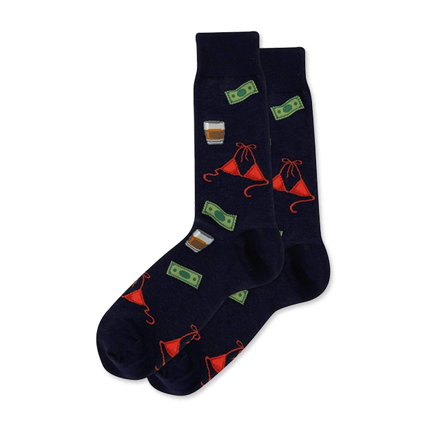 Pair of dark navy crew socks patterned with green money bills, amber drinks in glasses, and red bikini tops.