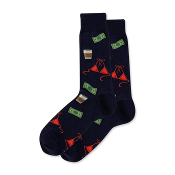 Pair of dark navy crew socks patterned with green money bills, amber drinks in glasses, and red bikini tops.
