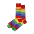 Pair of rainbow striped crew socks with 'Engayged!' text.  Red, orange, yellow, green, blue, purple stripes. Green heels and toes.
