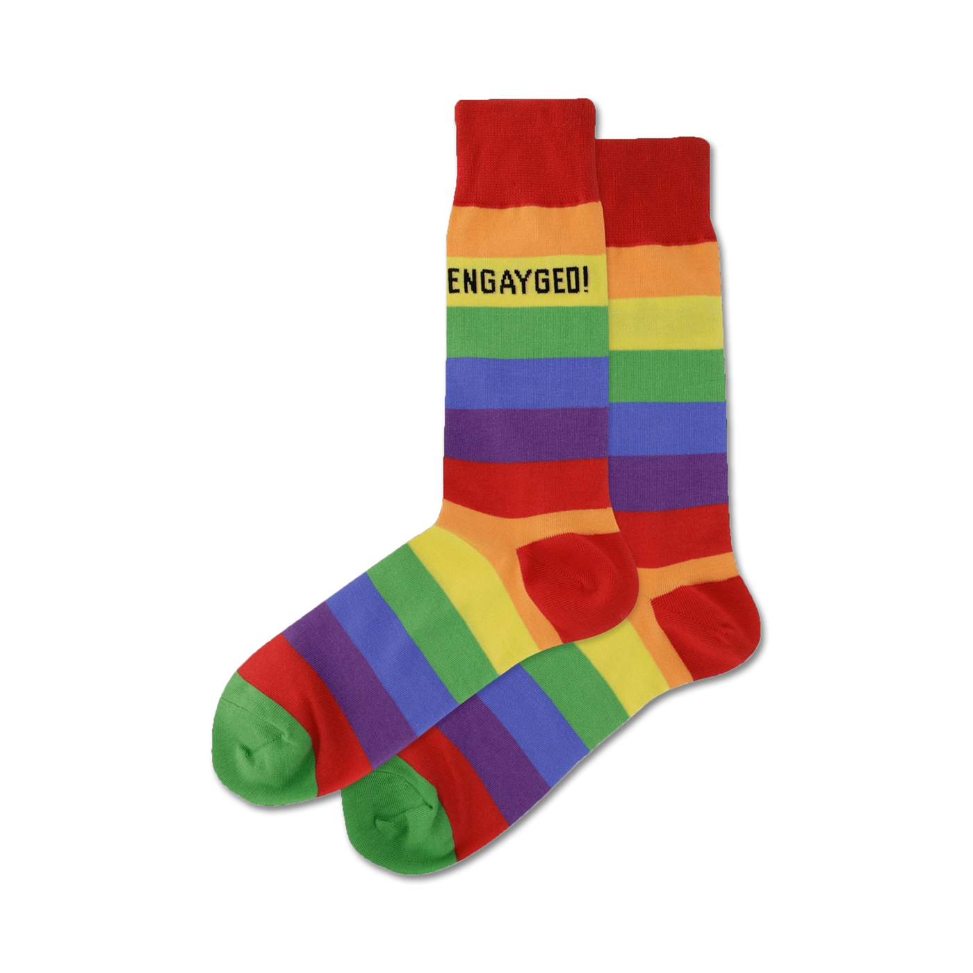 Pair of rainbow striped crew socks with 'Engayged!' text.  Red, orange, yellow, green, blue, purple stripes. Green heels and toes.