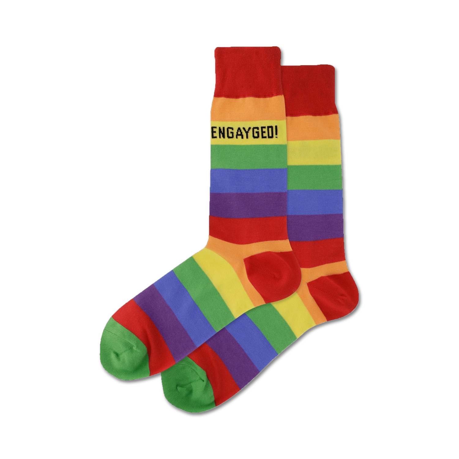 Pair of rainbow striped crew socks with 'Engayged!' text.  Red, orange, yellow, green, blue, purple stripes. Green heels and toes.