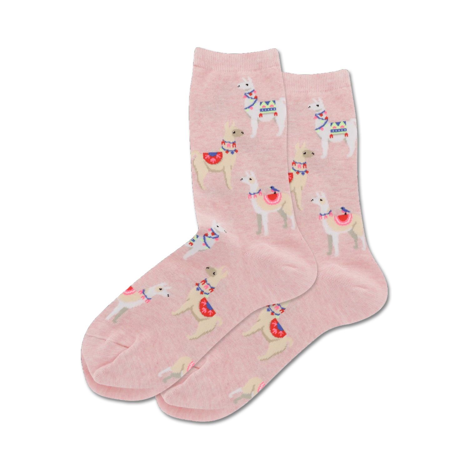 Pair of pink crew socks with a repeating pattern of illustrated alpacas wearing colorful saddles. 
