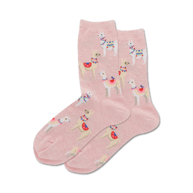pink llama-patterned crew socks for women with colorful blankets