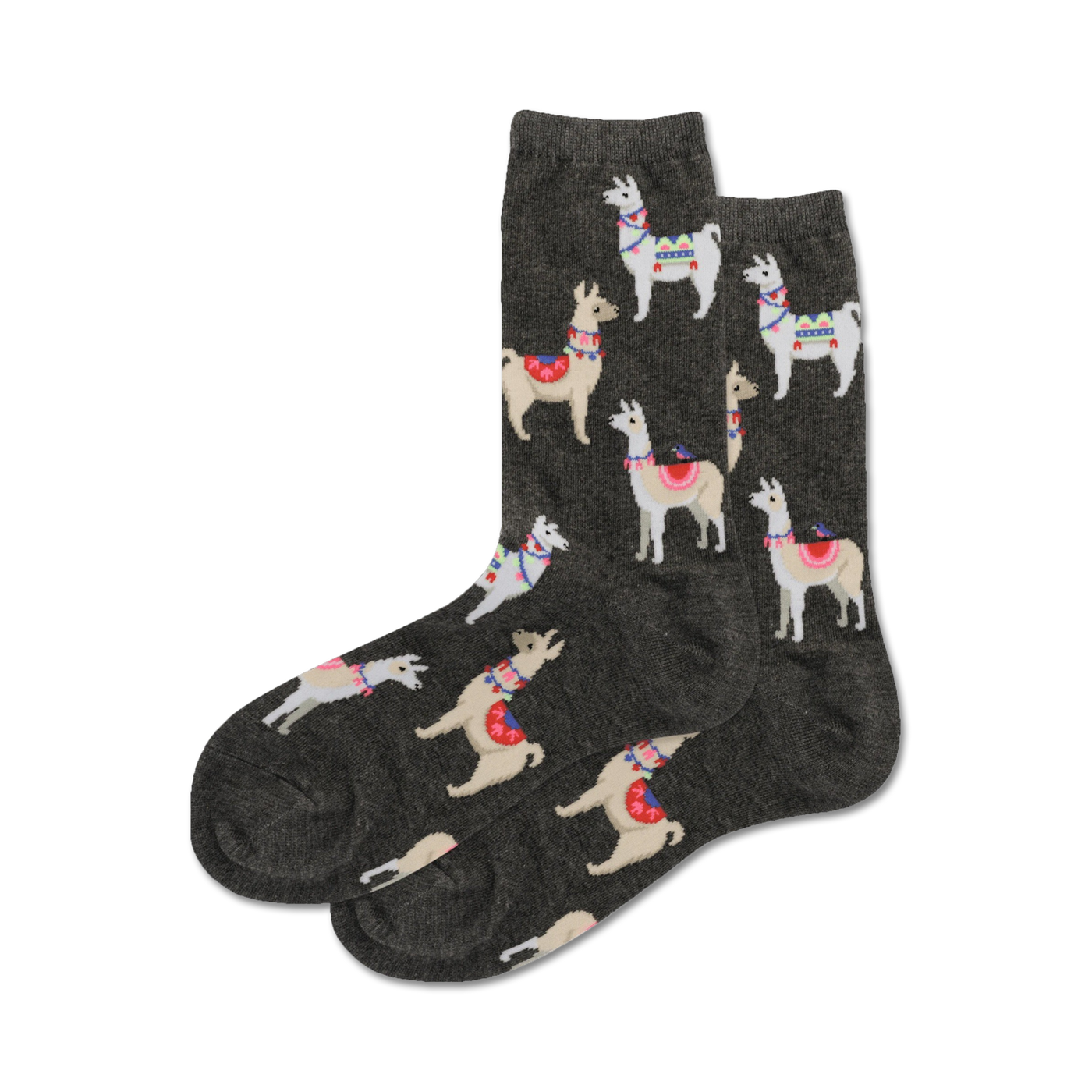 Close-up shot of charcoal gray alpaca socks showcasing the detailed llama illustrations and soft fabric.
